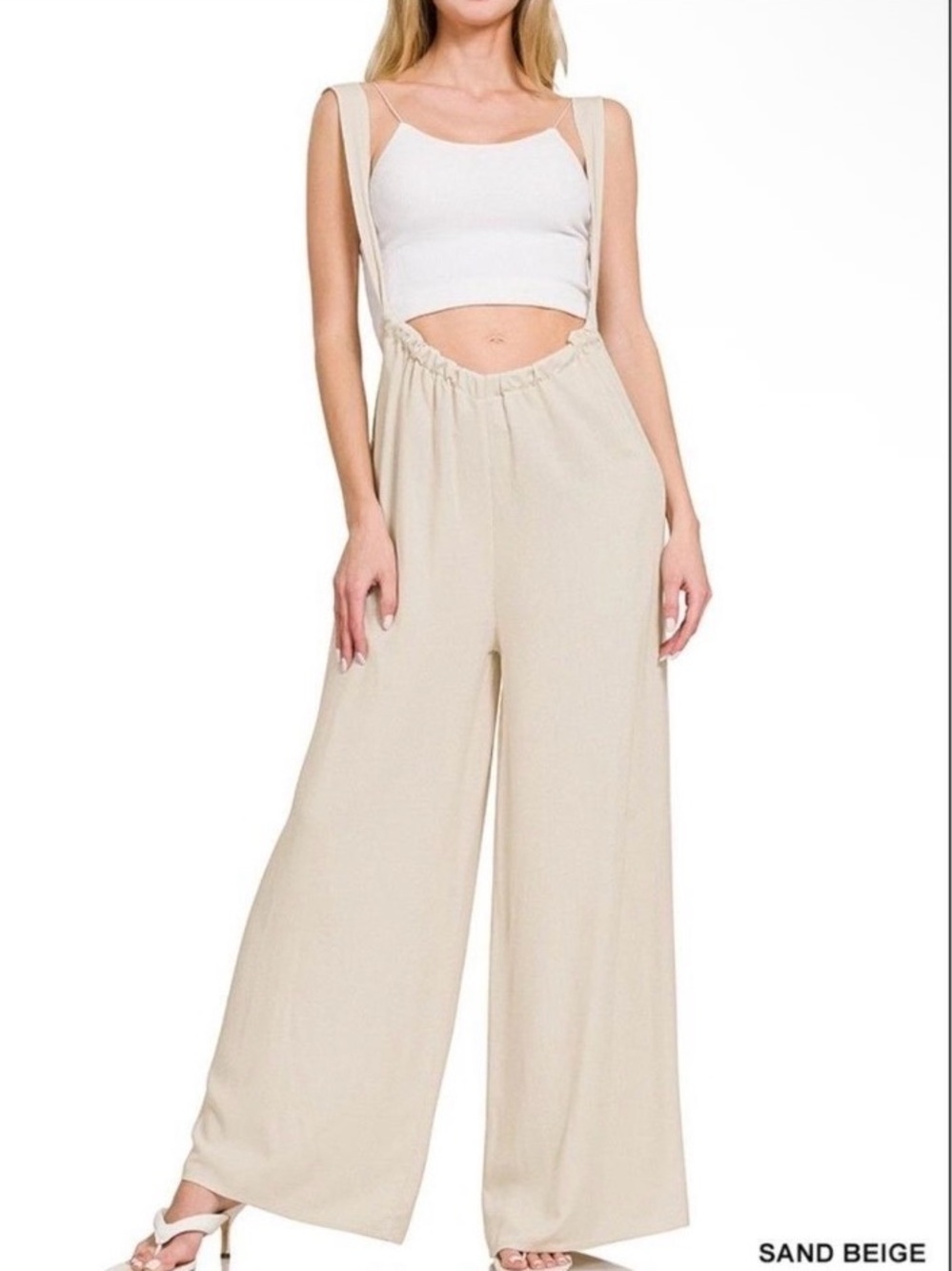 Zenana Sand Beige Wide-Leg Suspender Jumpsuit Overalls NWT Size M